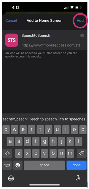 Step 3 - Screen shot of "Add to Home Screen" with the "Add" option circled in magenta outline.