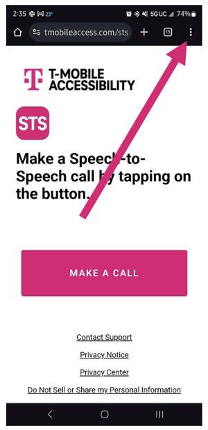 Step 1 - Screenshot of Android device. Magenta arrow pointing to sandwich menu (3 dots)