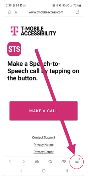 Step 1 - Screenshot of Android device. Magenta arrow pointing to sandwich menu (3 dots) at bottom right corner of screen.