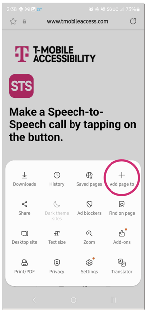 Step 2 - Menu of options displayed. Magenta circle around "add page to"